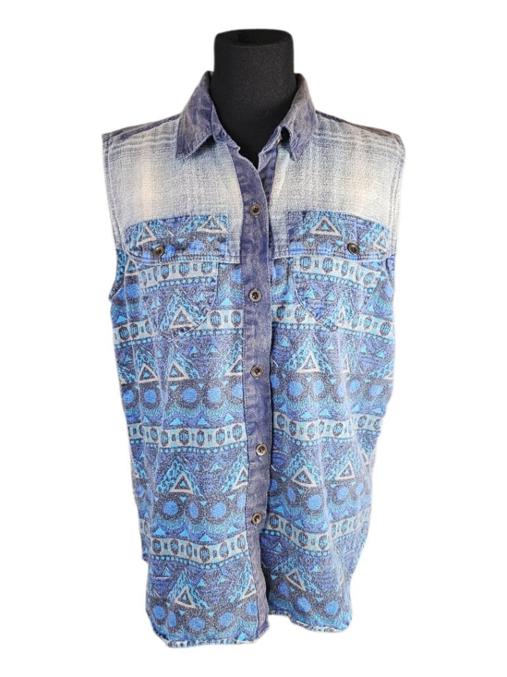 Arrived Blue Tribal Denim Sleeveless Button Up Shirt Medium Grunge Boho Festival
